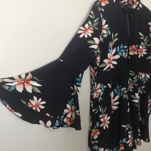 Navy Floral Formal Dress Ruffle Accents